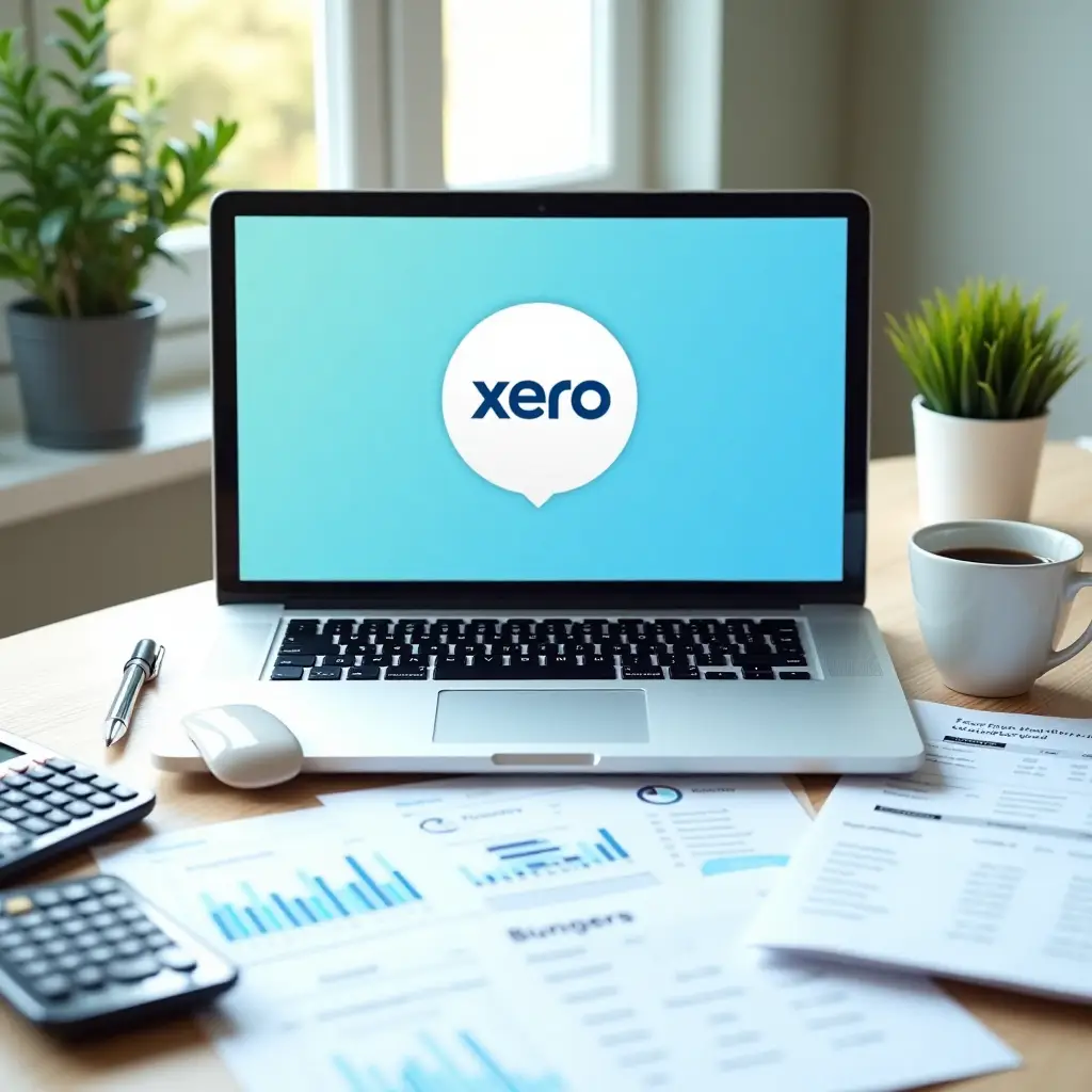 Workspace with laptop showing Xero bookkeeping software, financial documents, and calculators